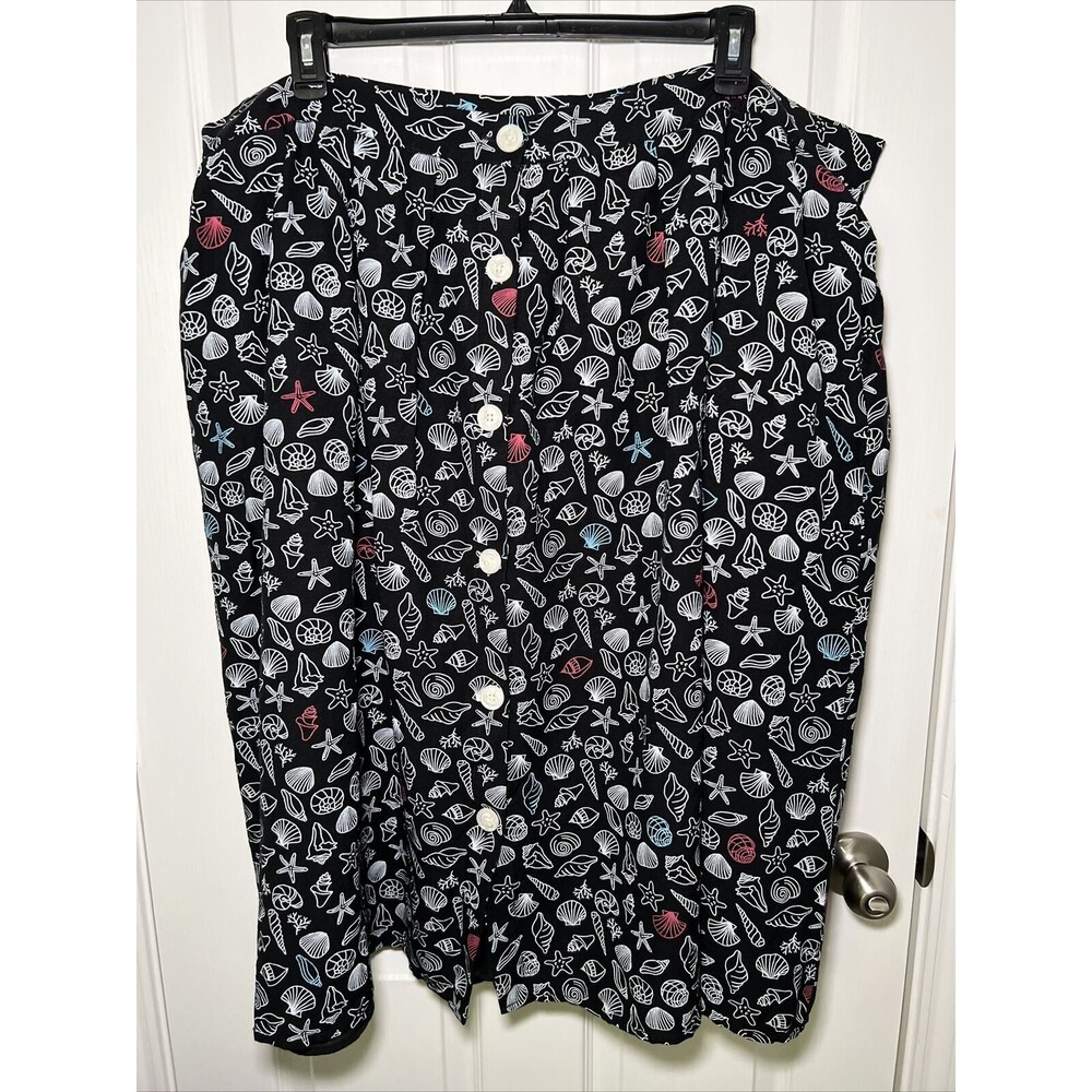 Modcloth Black Seashell Print Linen Blend Button Front Skirt Size 26W Nautical